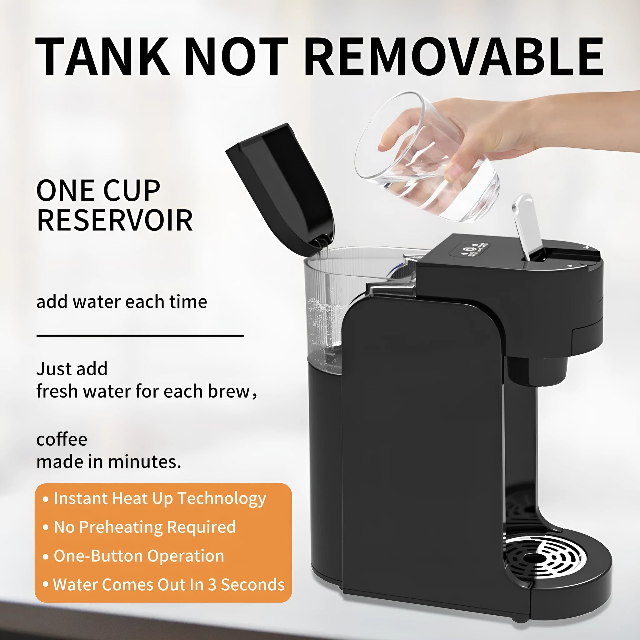 Black or white mini capsule coffee machine with a transparent water tank and adjustable stainless steel drip tray.
