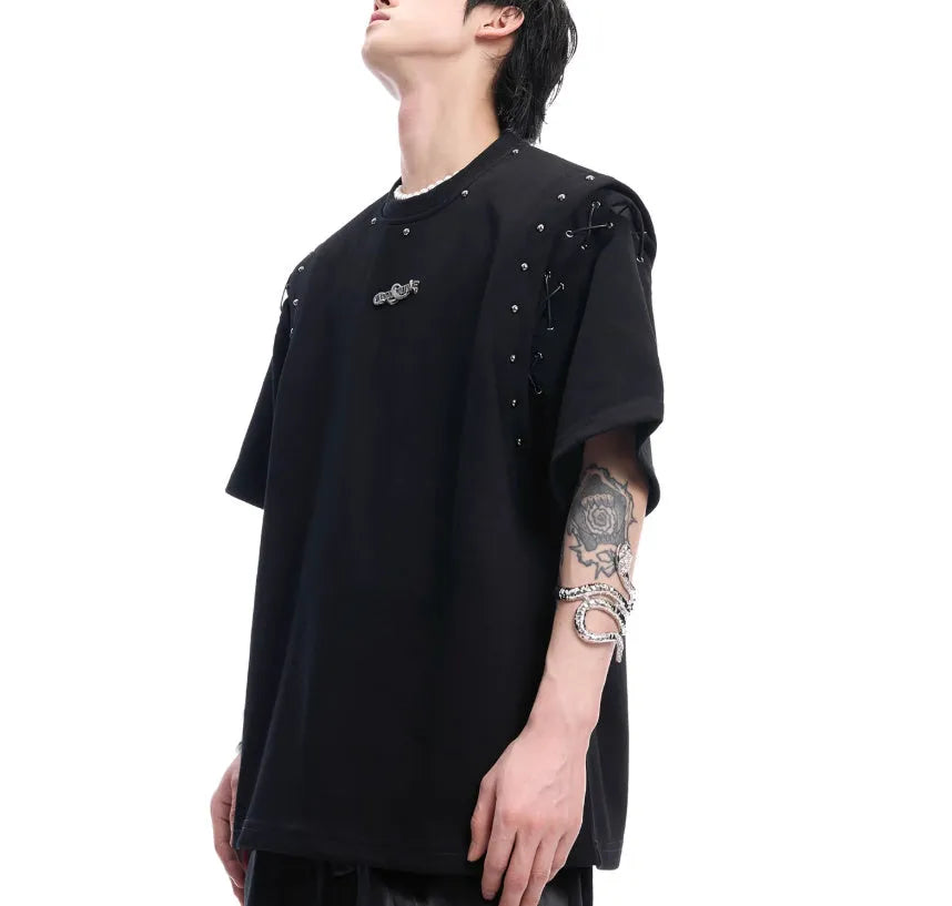 Women's black deconstruction t-shirt with a front lace-up cutout detail on a short sleeve.