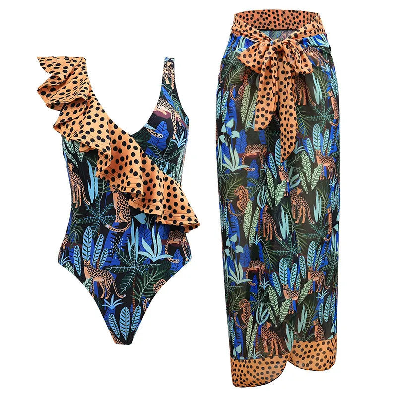 Solid colour women's one-piece swimsuit with spaghetti straps and a matching detachable skirt.