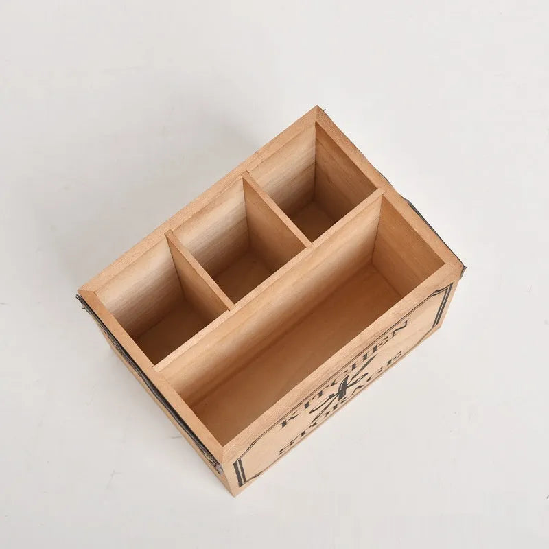 Wooden kitchen storage box with compartments for knives forks and chopsticks