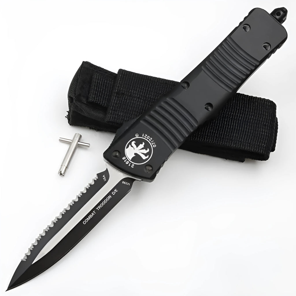 Outdoor camping tactical folding knife with D2 steel blade, black and white wire drawing finish, and aviation aluminium handle
