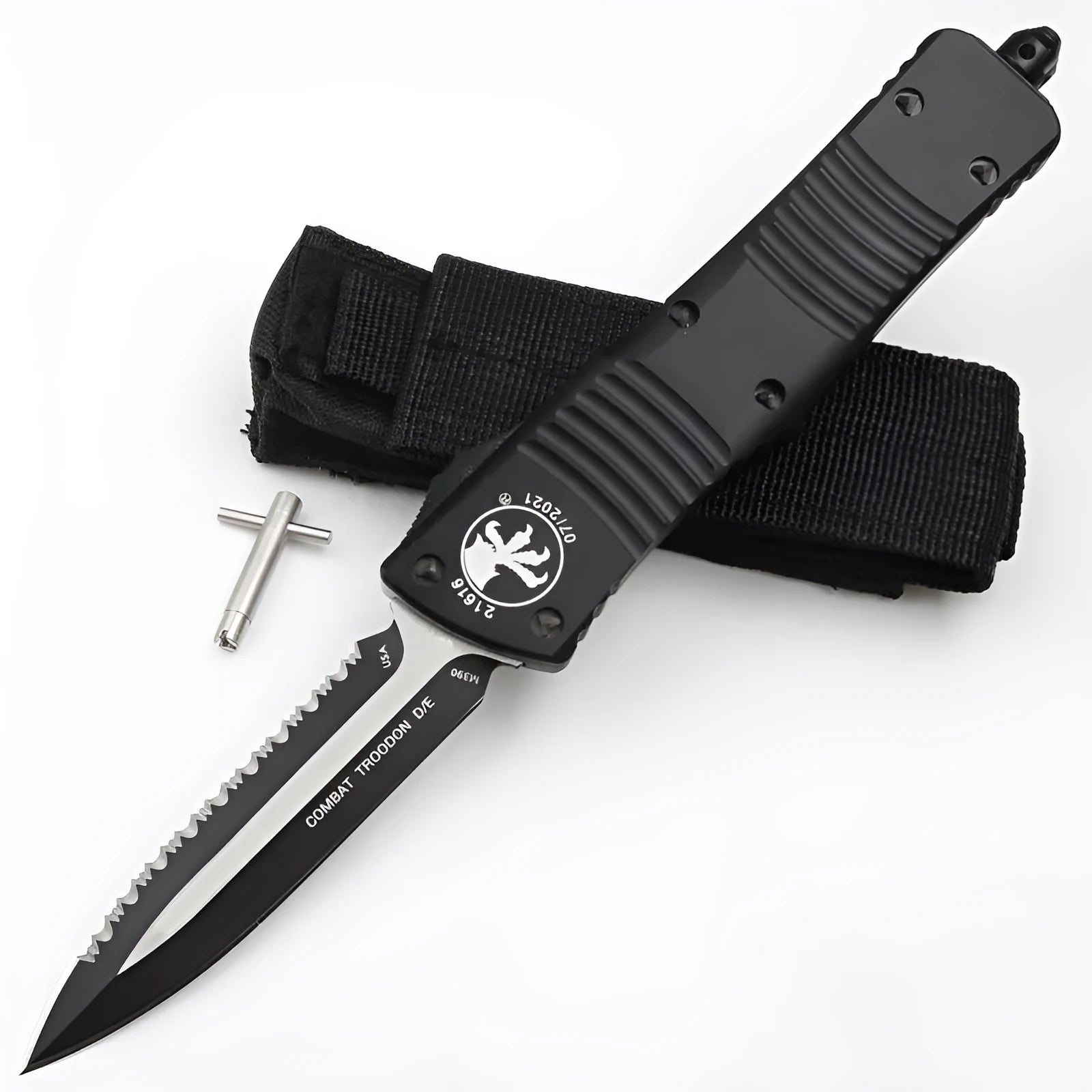Outdoor camping tactical folding knife with D2 steel blade, black and white wire drawing finish, and aviation aluminium handle