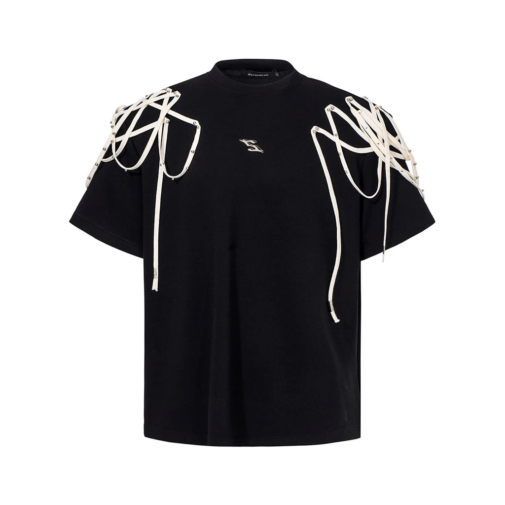 Black loose fit T-shirt with padded shoulders and short sleeves on hanger