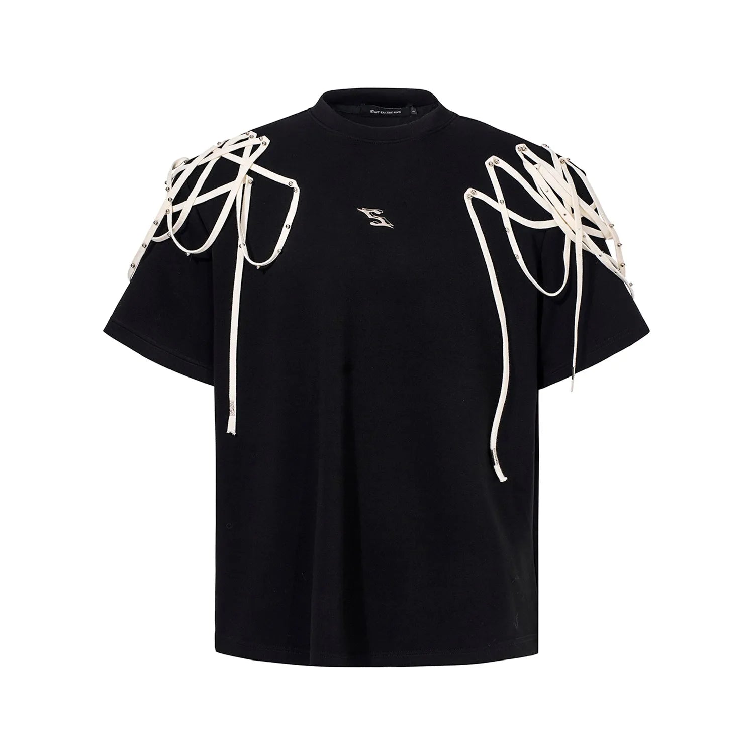 Black loose fit T-shirt with padded shoulders and short sleeves on hanger