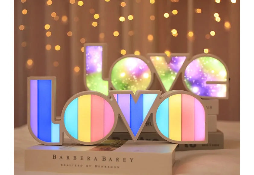 Rainbow-style LED LOVE decorative lamp with plastic shade for Valentine's Day and wedding decor