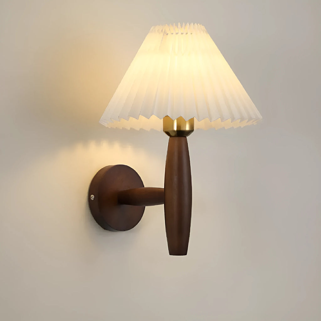 American retro-style walnut wood wall lamp with fabric shade and copper accents.