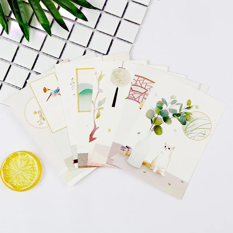 Set of nine minimalist cartoon postcards with retro Japanese-style illustrations of Paris landmarks.