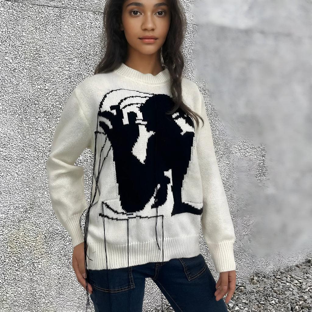 Women's alpaca wool loose fit sweater with tassel design in grey colour