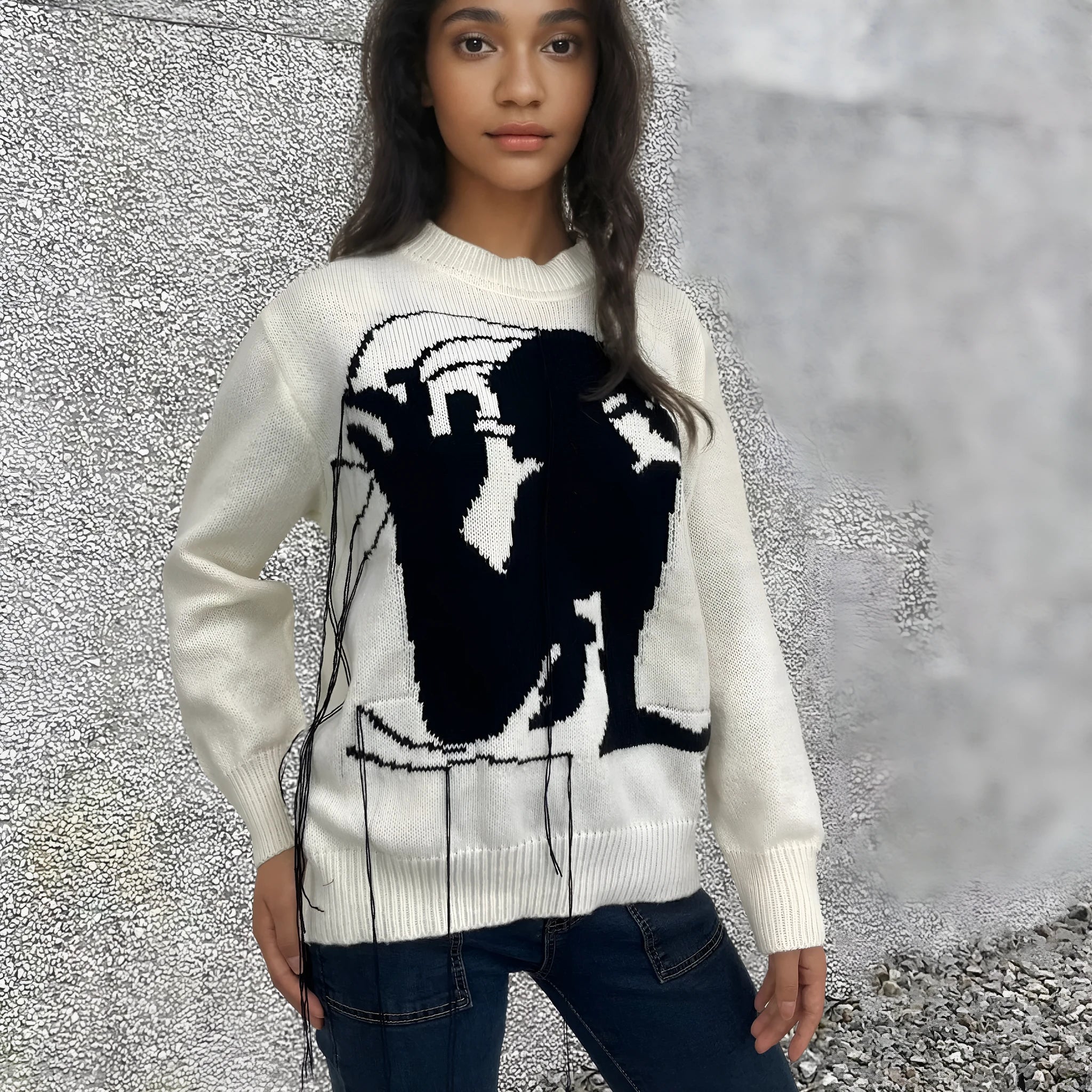 Women's alpaca wool loose fit sweater with tassel design in grey colour