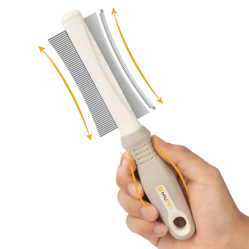 White 2-in-1 pet grooming brush showing comb side and deshedding blade side.