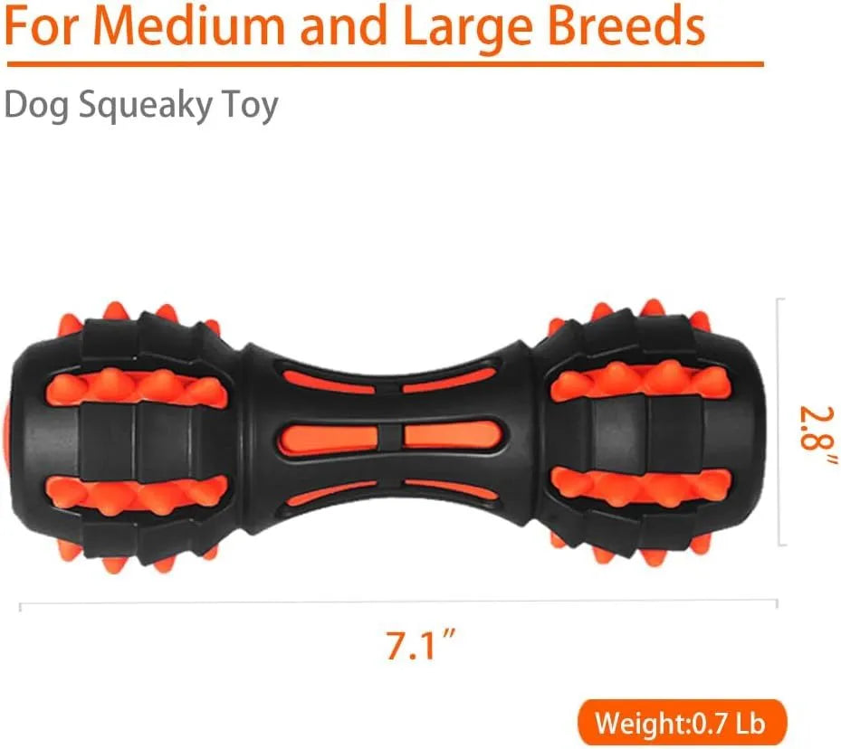 Red dumbbell-shaped dog chew toy with textured surface for medium to large breed aggressive chewers