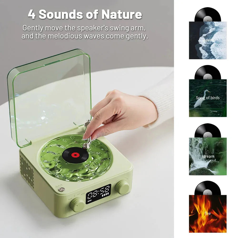 Retro turntable speaker with transparent water ripple turntable, Bluetooth 5.0, and white noise feature in a compact design