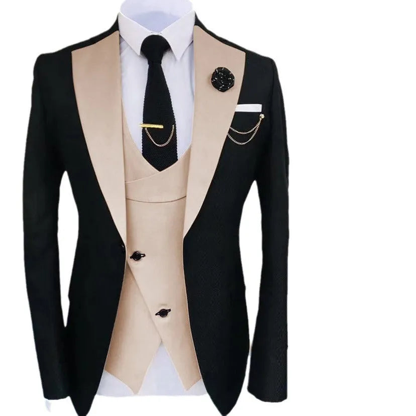 Men's black slim fit three-piece cotton suit with vest and trousers on a hanger.