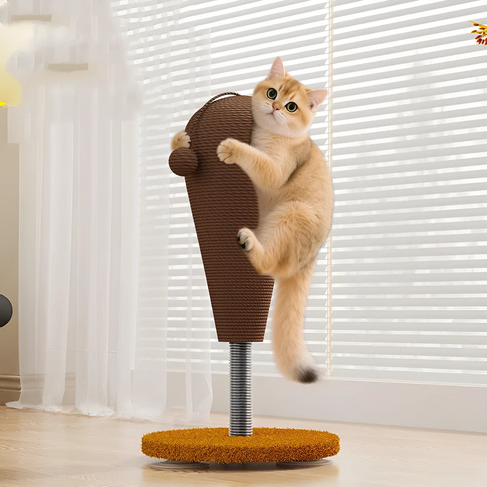 Cat scratching post with interactive tumbler toy made from natural hemp rope in large and small size options
