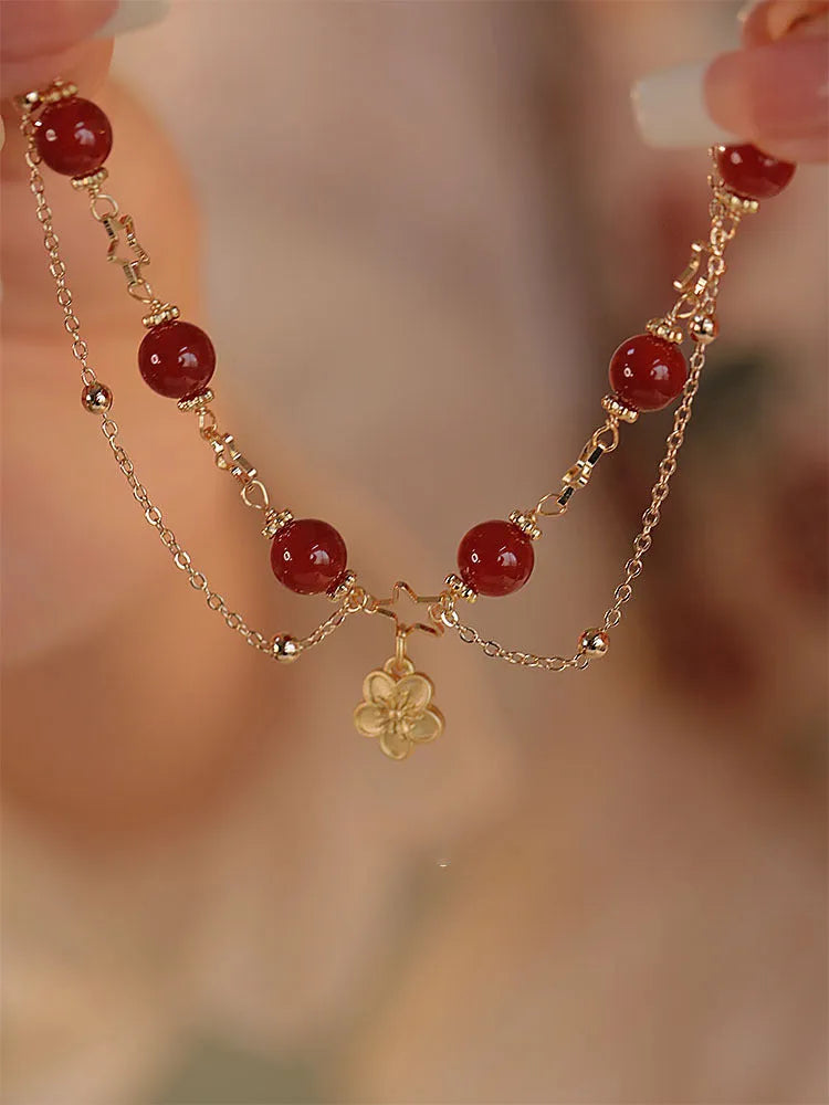 Red agate double-layer women's bracelet with carved peach blossom floral patterns