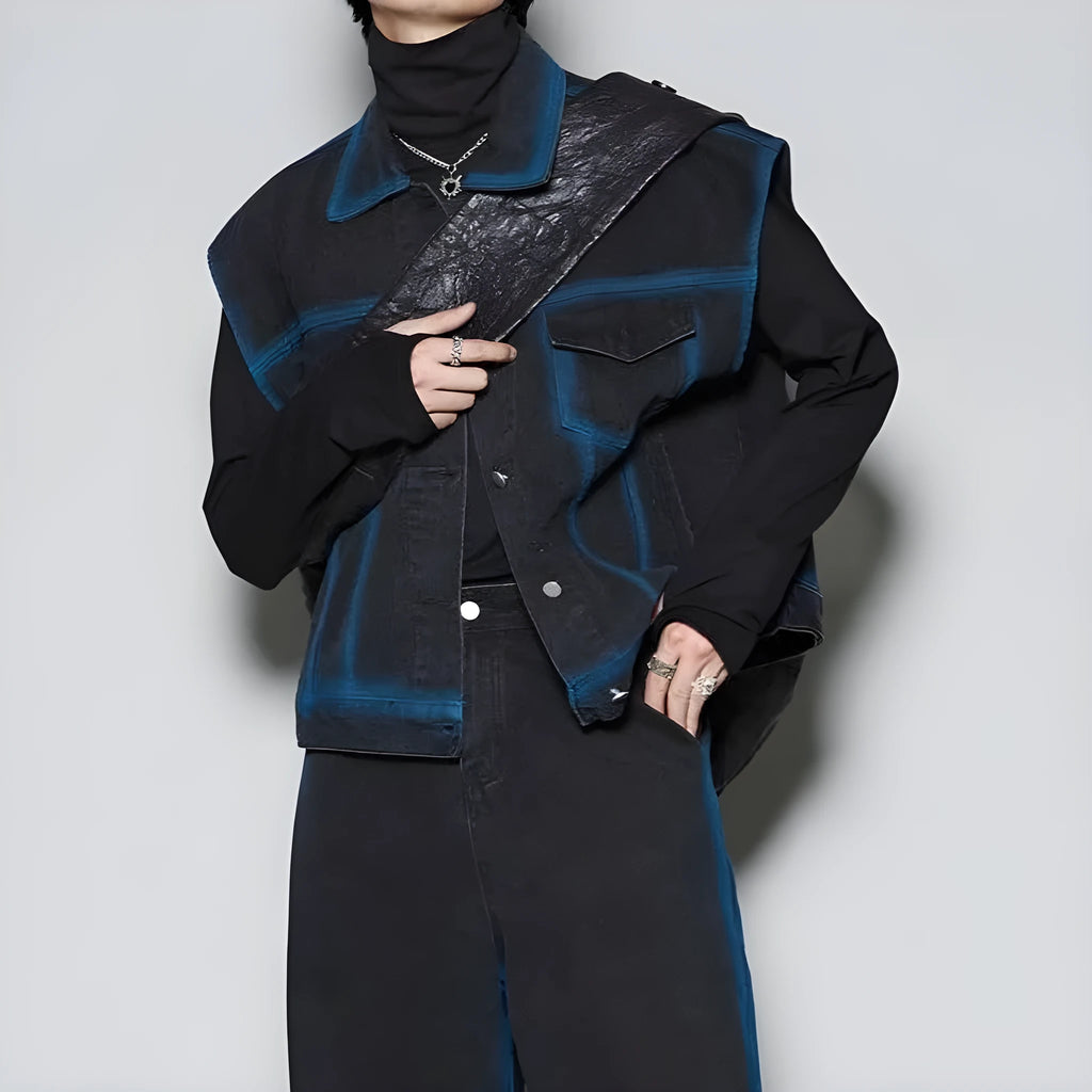 Fleece-lined distressed denim vest and jeans two-piece suit set with spray colour gradient design