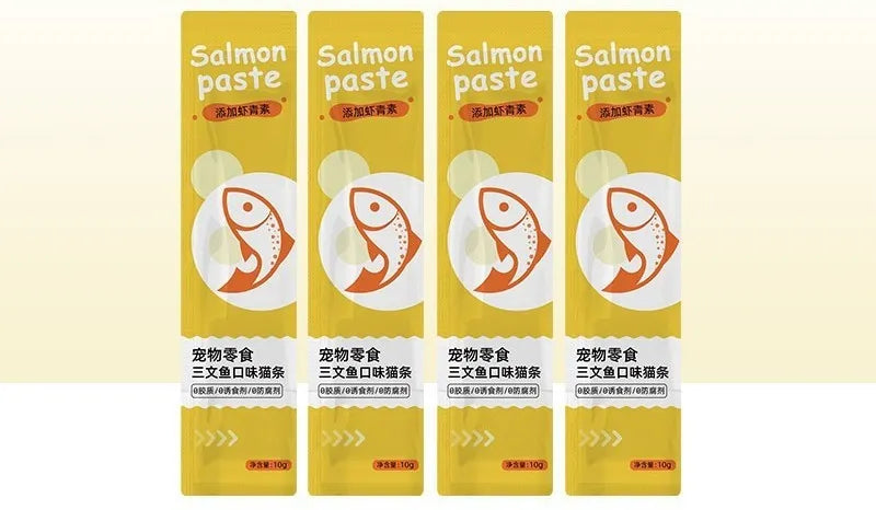 Pack of 10 cat snack strips for kittens with four flavour variety options