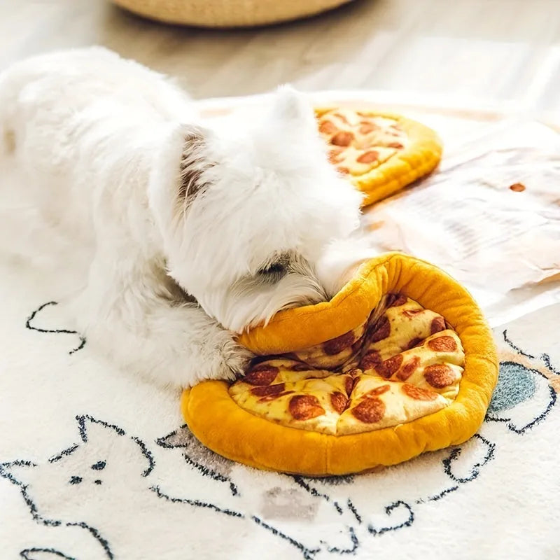 Yellow pizza slice dog chew toy with teddy bear design on top
