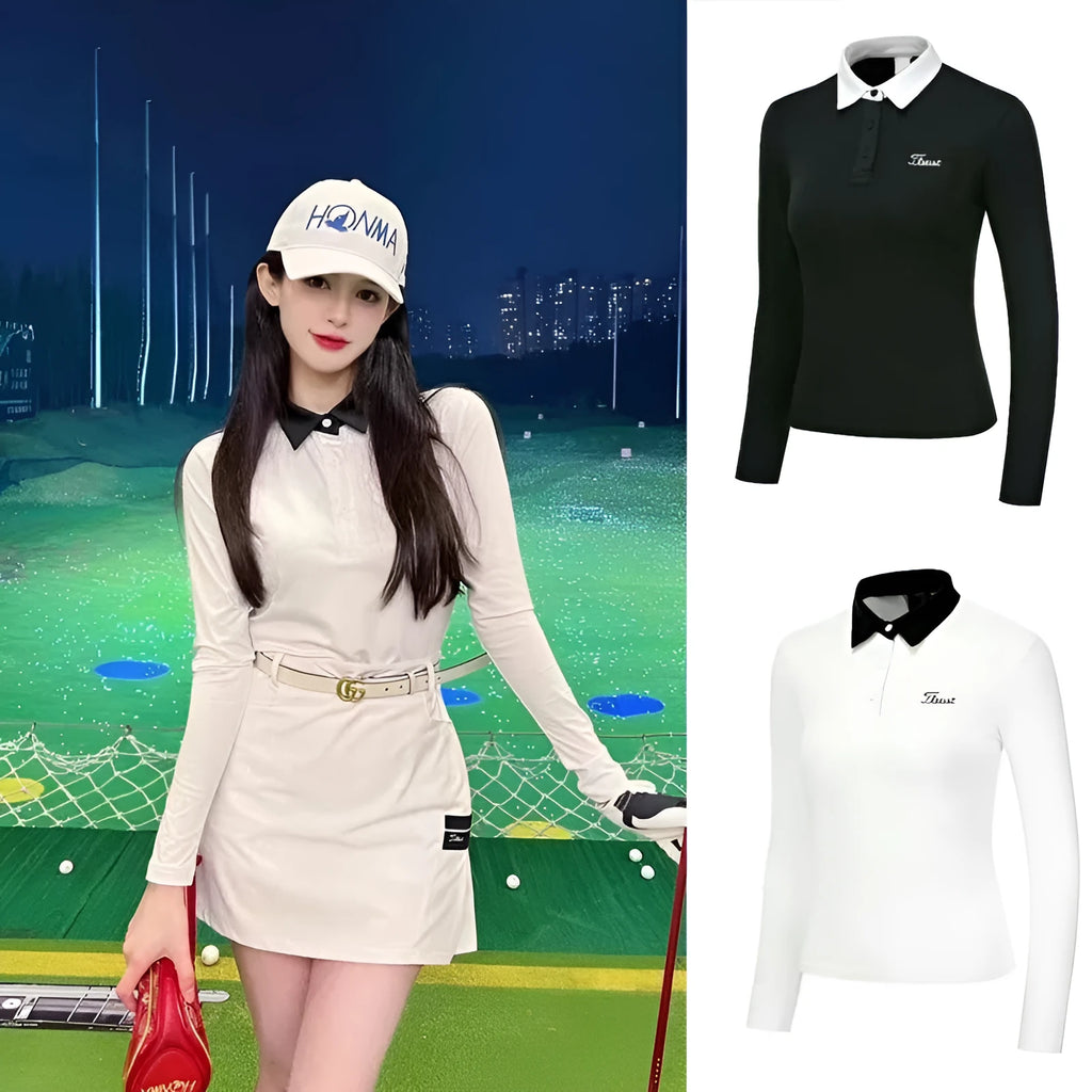 Women's black and white long sleeve golf top with slim fit design for outdoor sports