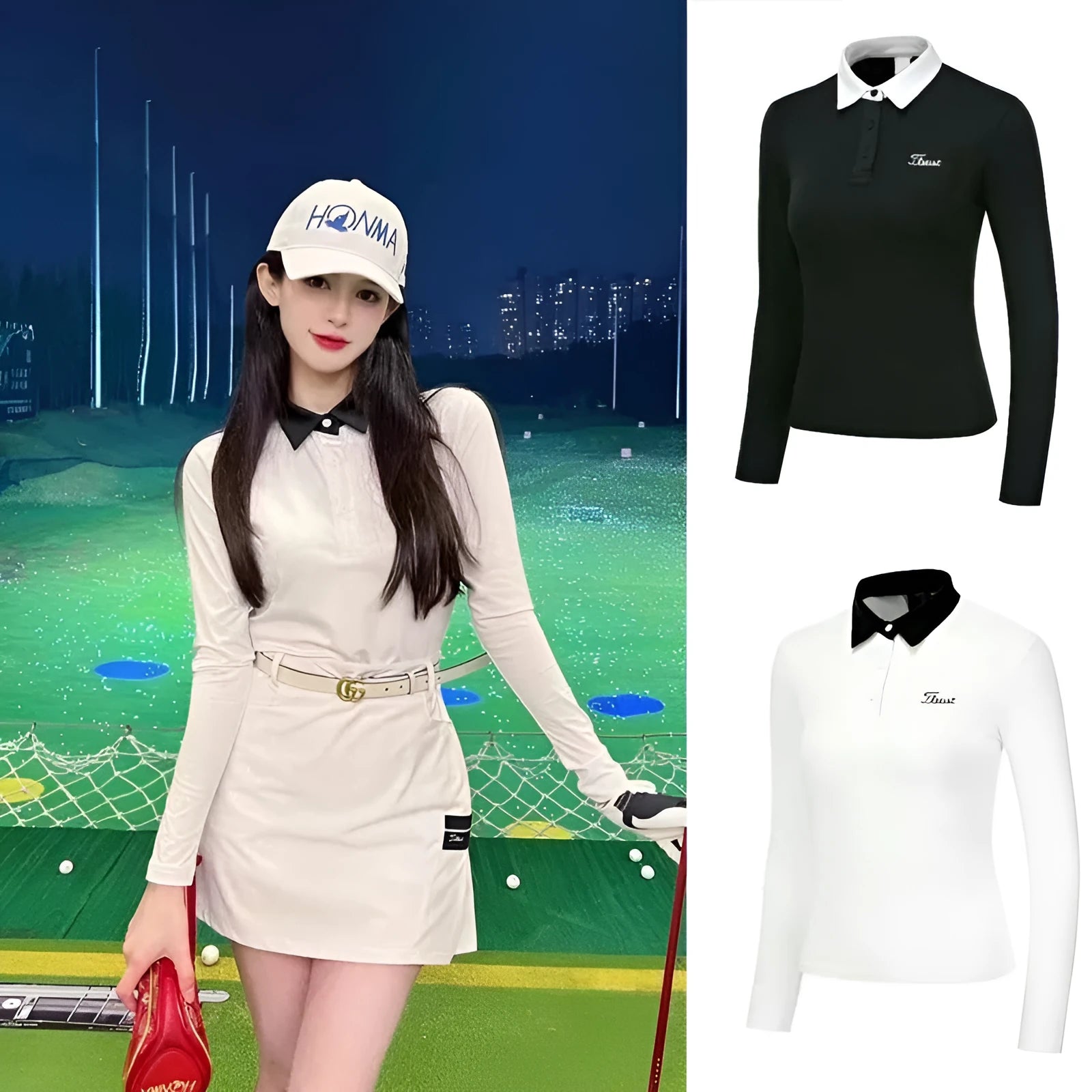 Women's black and white long sleeve golf top with slim fit design for outdoor sports