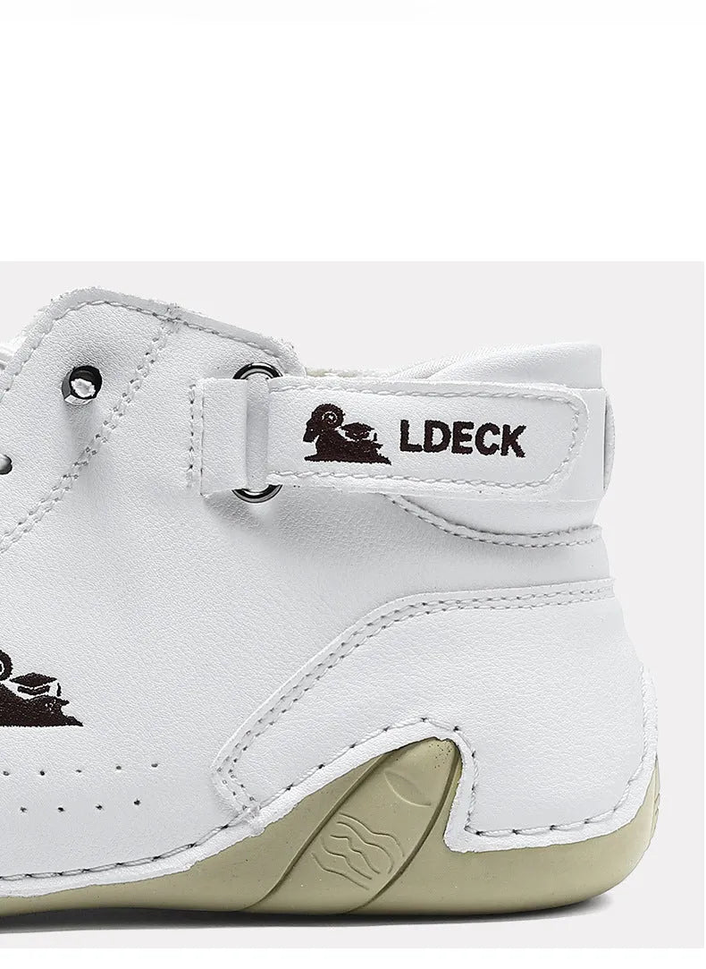Men's khaki high top octopus shoes with round toe and rubber sole.