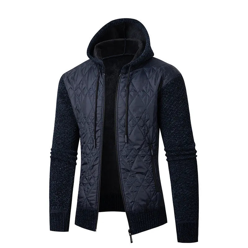 Men's grey hooded sweater coat in cinched corduroy style with wool composition