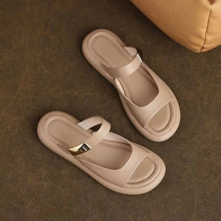 Women's apricot leather platform sandals with peep toe and rubber sole