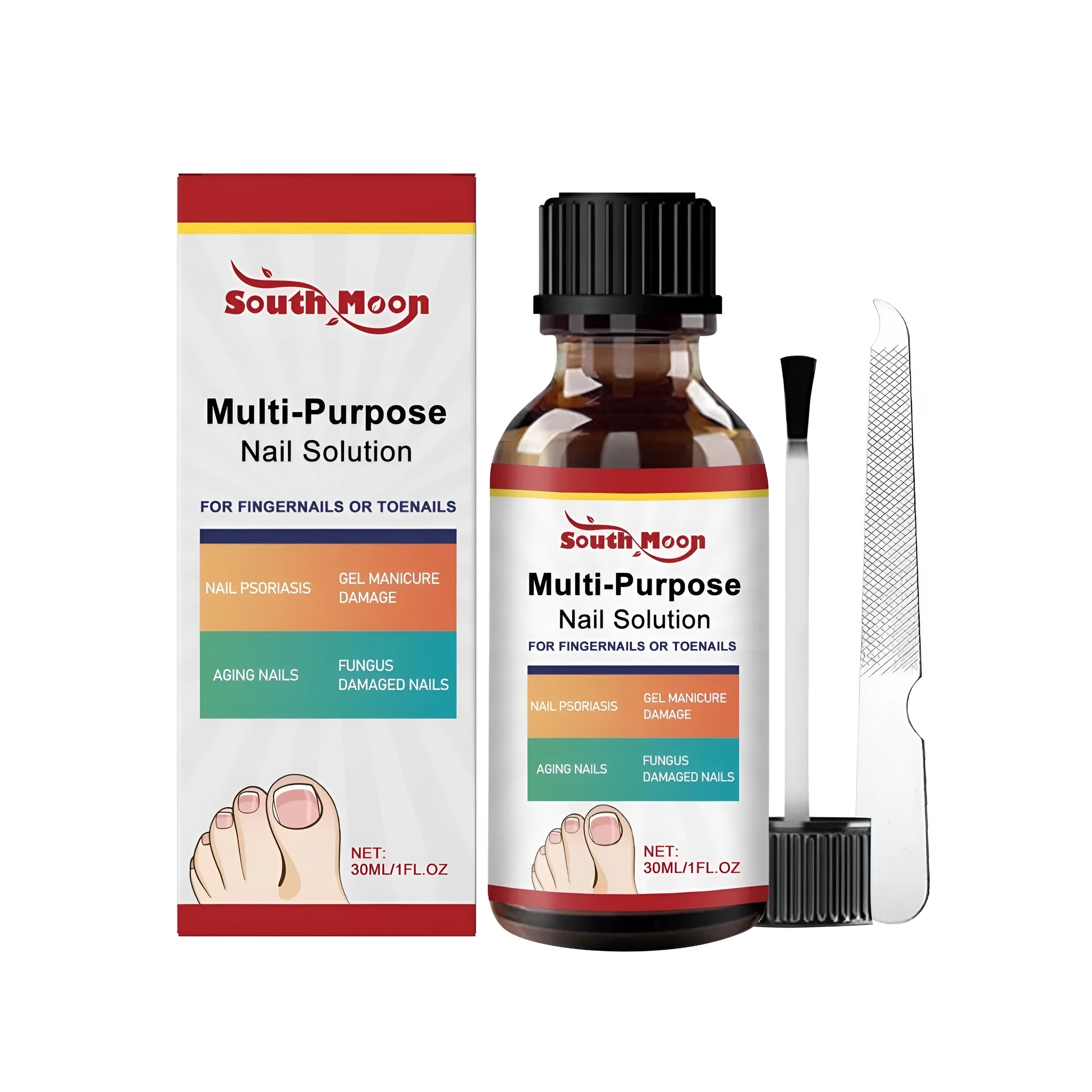 30ml bottle of nail care solution with tea tree oil and a nail file
