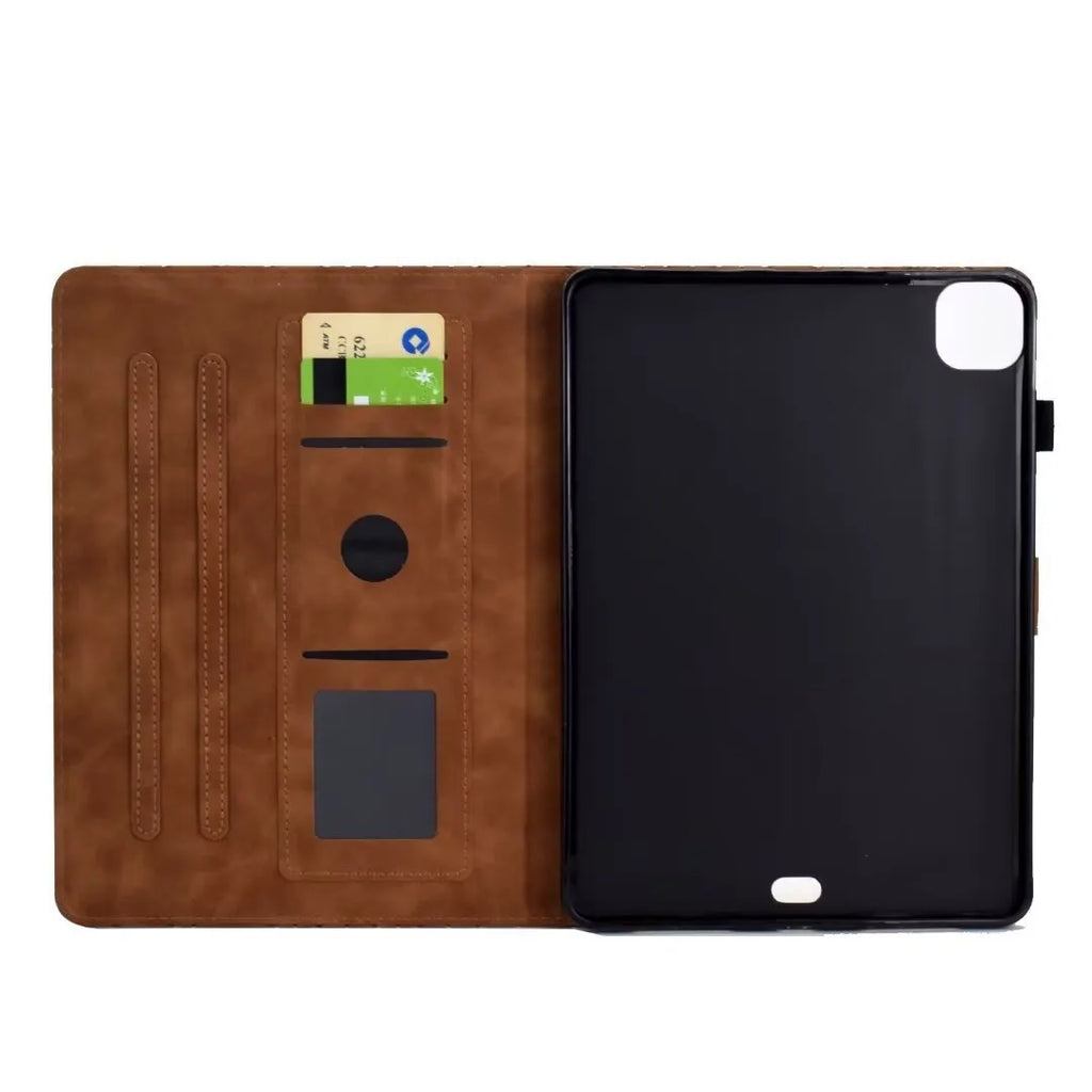 Leather iPad case with card holder showing diamond pattern in black colour