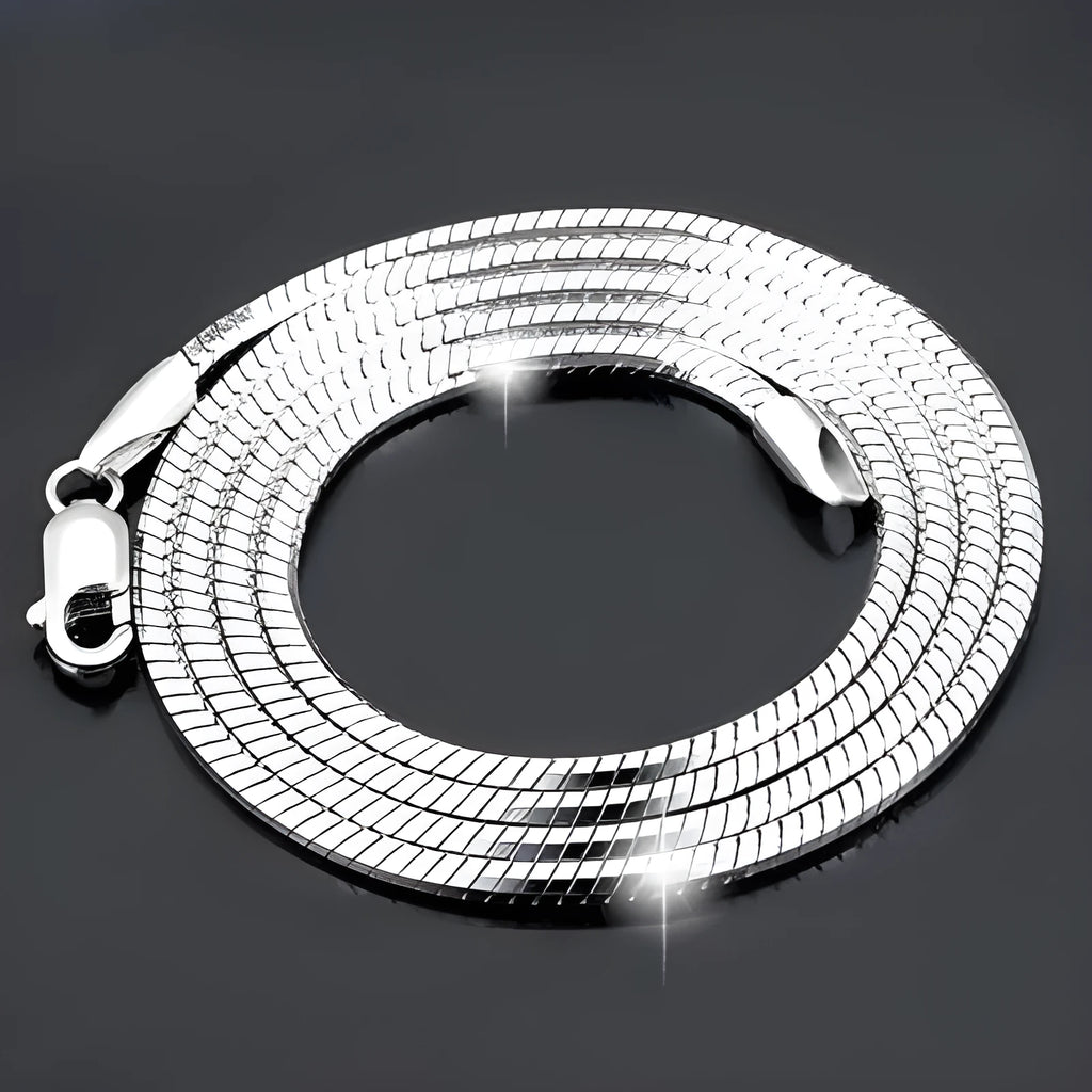Sterling silver plated platinum necklace chain on display showing width and length options for men and women