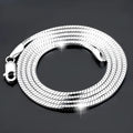 Sterling silver plated platinum necklace chain on display showing width and length options for men and women