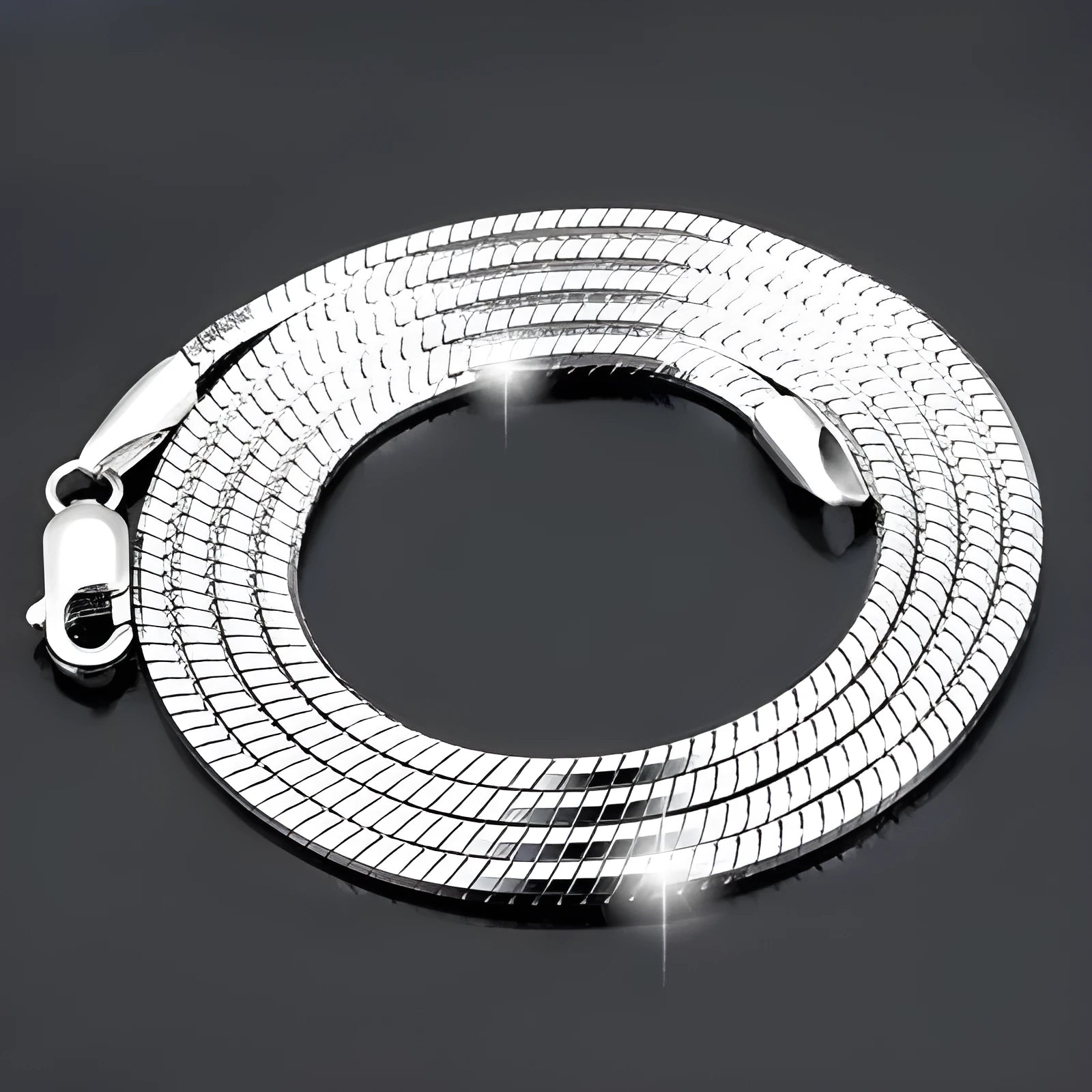 Sterling silver plated platinum necklace chain on display showing width and length options for men and women