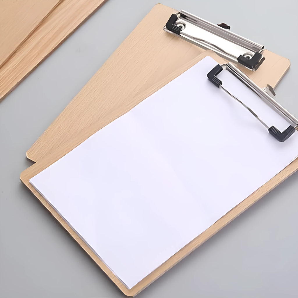 A4 hard wooden clipboard with metal clip and hanging hole, 22.5 by 31.5 cm, natural wood colour