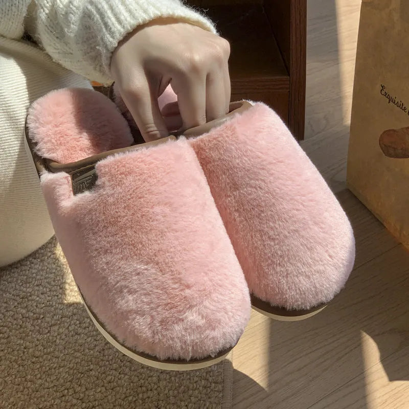Solid colour plush winter slippers with non-slip PVC soles in blue, brown, coffee, pink or white