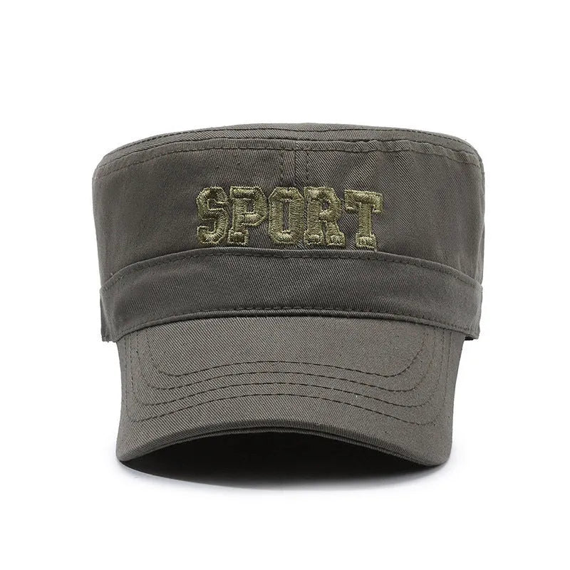 Men's adjustable cotton flat-top peaked cap in army green with printed English letters