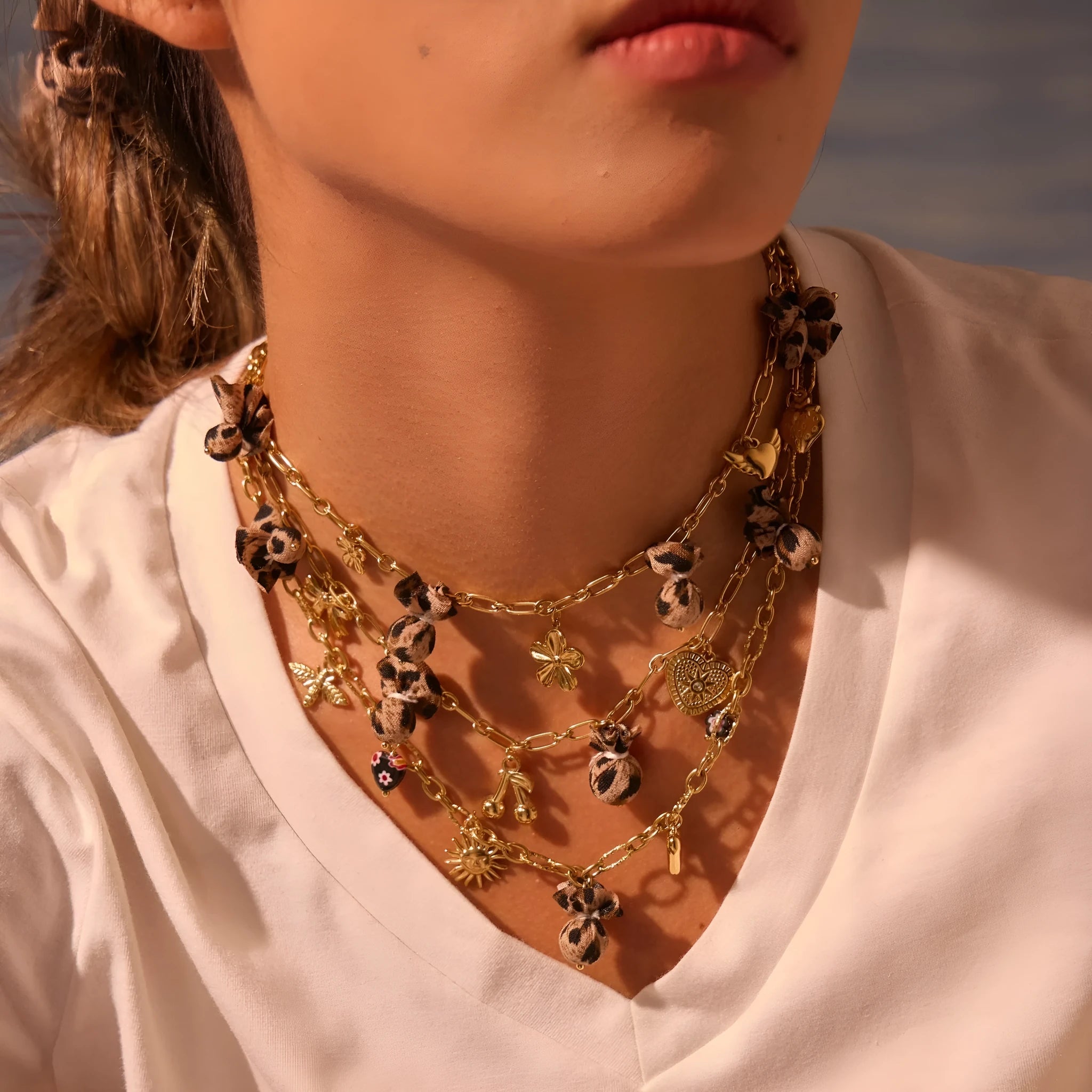 Stainless steel necklace with gold electroplated pendant showing leopard and heart flower designs