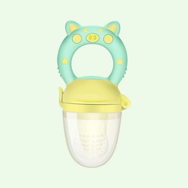 Silicone baby teether in blue, green, or pink colours with 1 or 3 mouthpiece options