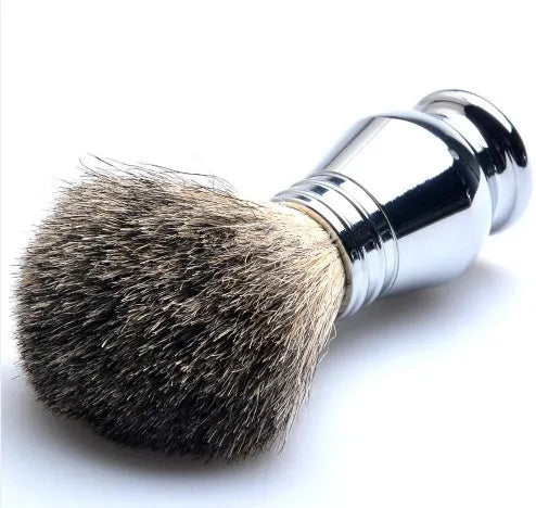 CSB men's shaving kit showing double edge razor, badger hair brush, chrome stand, zinc bowl, blades in black box.