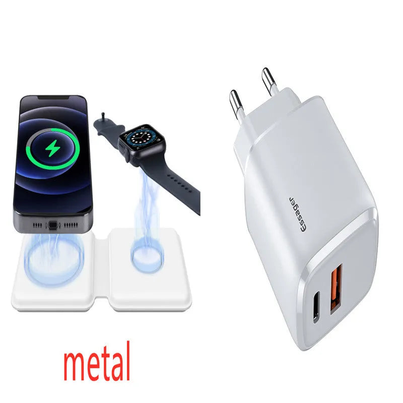 White folding dual magnetic wireless charger with 15W fast charging showing adjustable angle