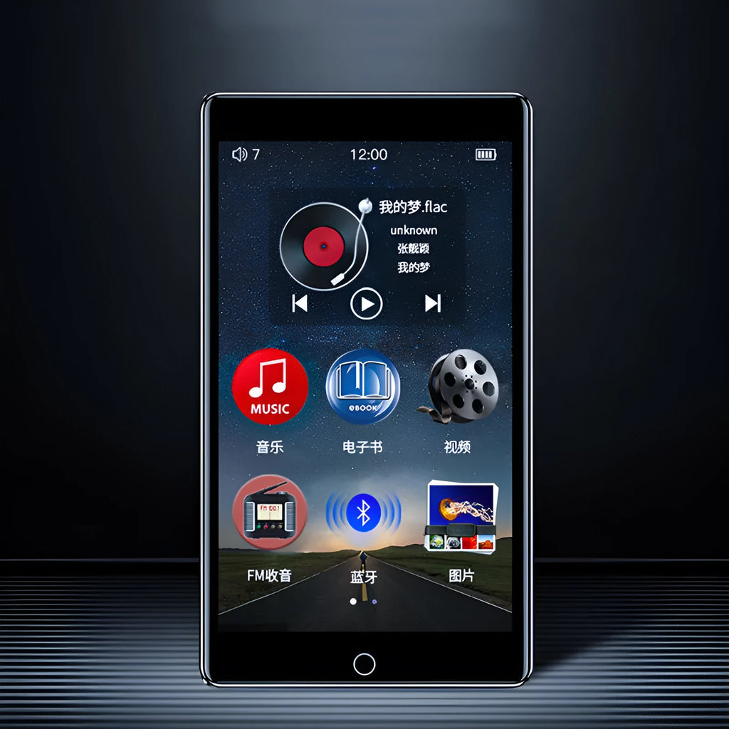 Black Ruizu H1 slim MP4 player with 4-inch touch screen showing media interface.