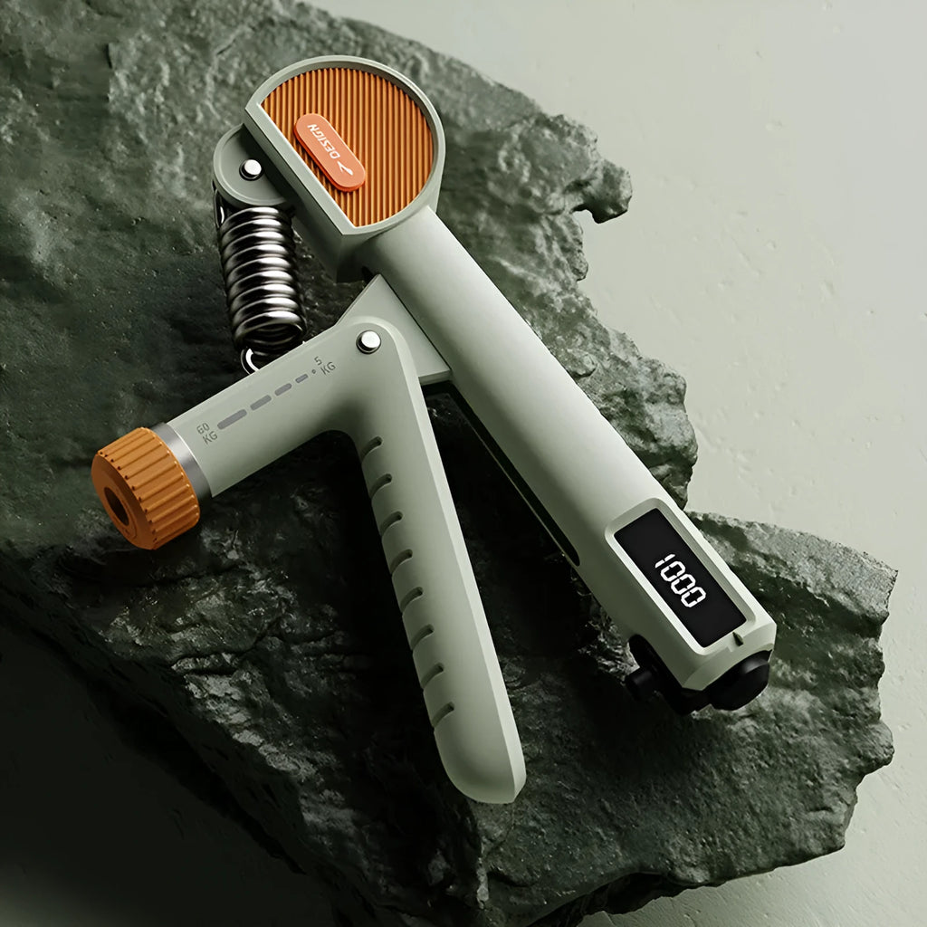 Adjustable spring hand gripper for strength training in ABS plastic, shown in multiple colour options.