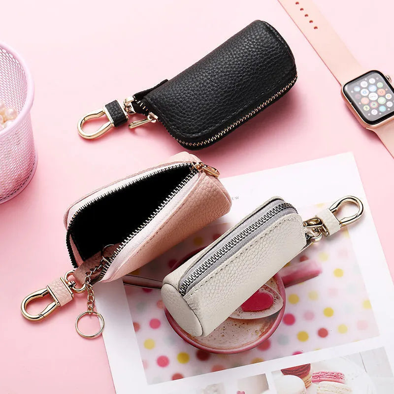 Men's black PU leather zipper key case with key ring attached