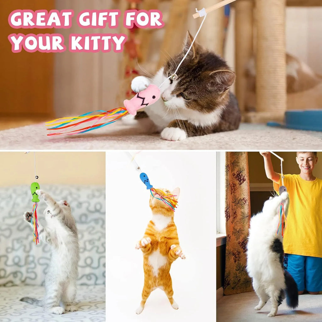 Cat wand toy with wooden handle and colourful ribbon, catnip fish, and bell attachments