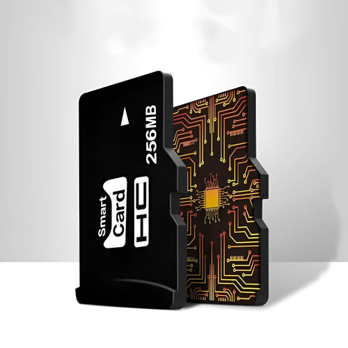 256MB TF memory card with packaging, shown next to compatible devices like an MP3 player and camera.