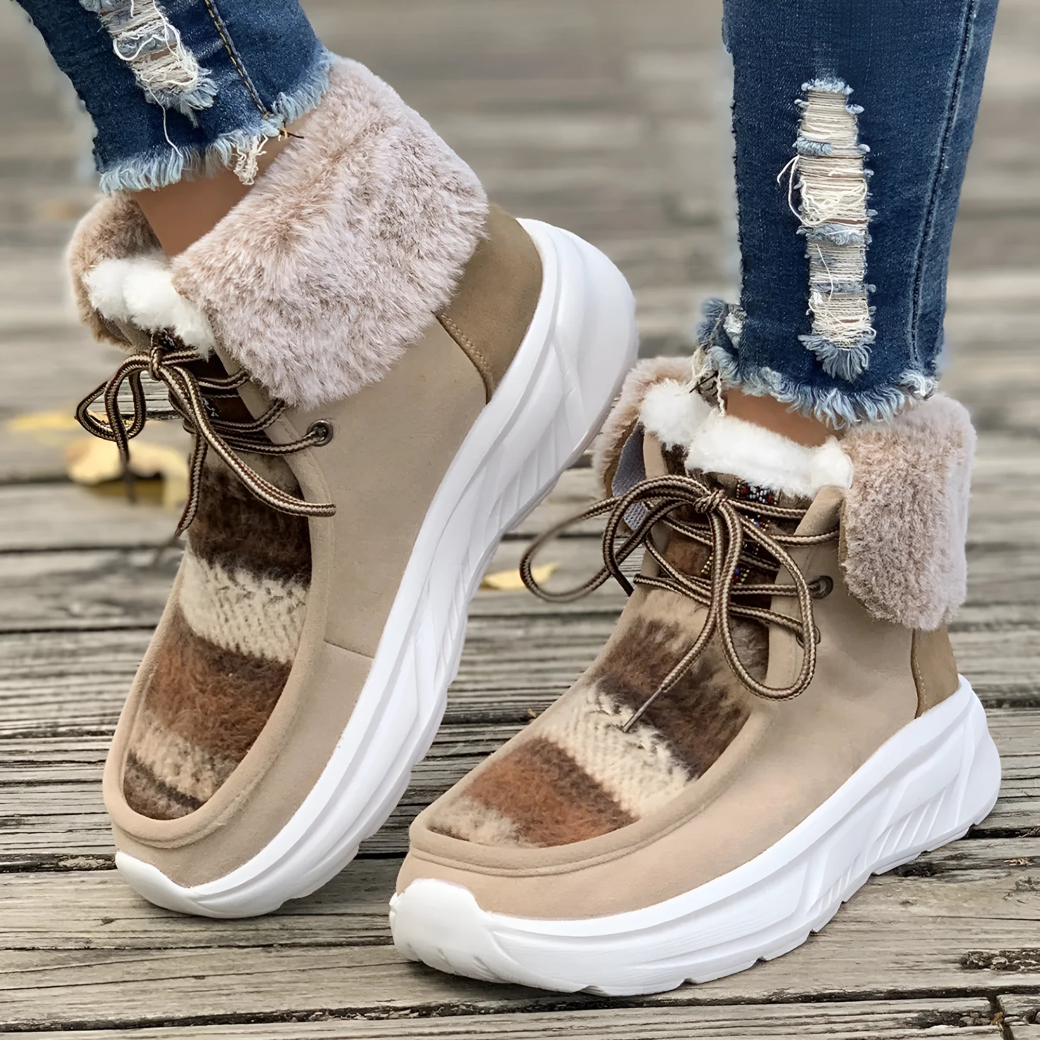 Women's beige lace-up snow boots with suede upper and thick rubber sole on white background