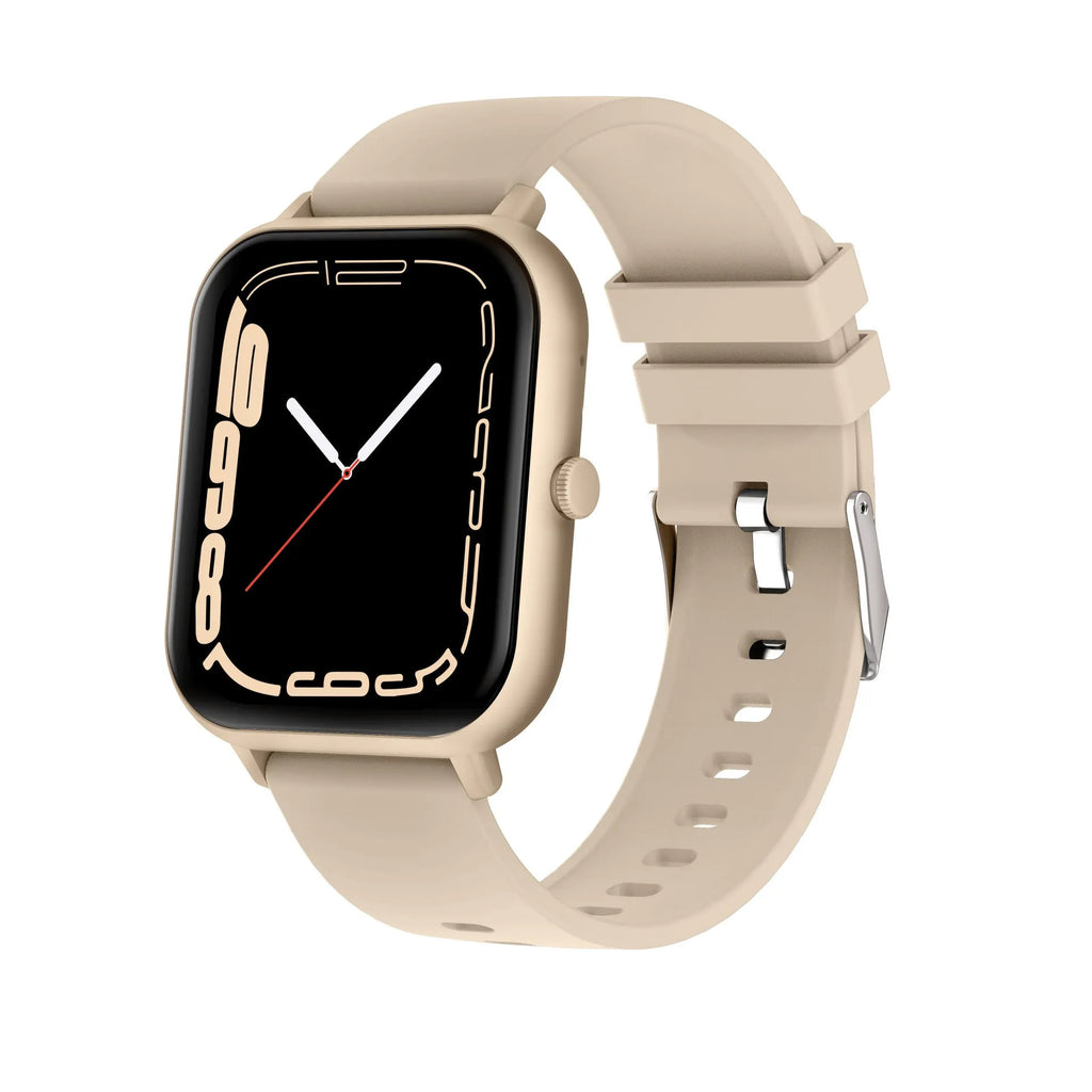 Bluetooth smart watch with heart rate monitor on wrist, showing black, silver grey, pink, and khaki colour options.
