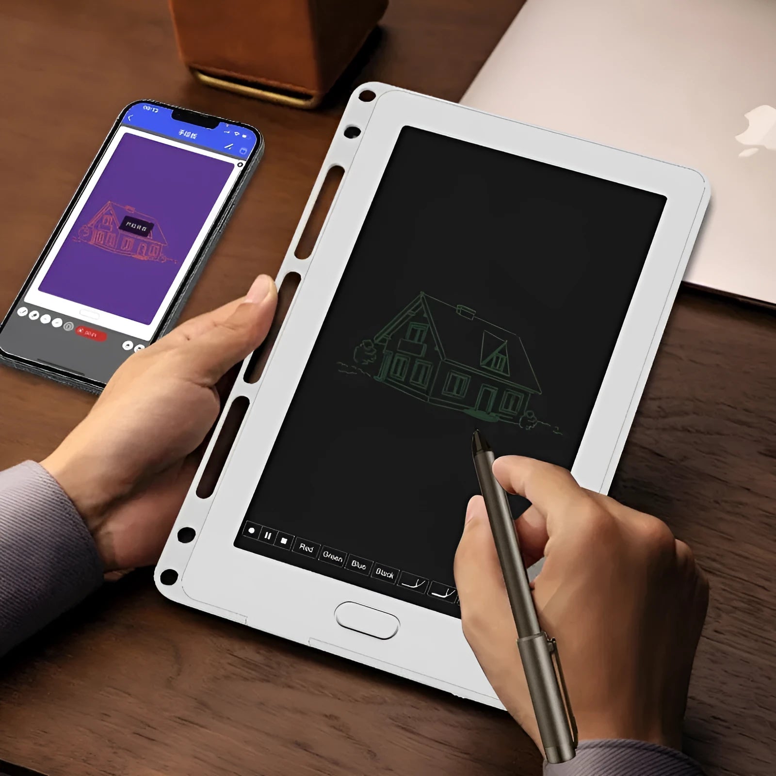 85-inch Master Software electronic writing pad with stitching appearance in blue, showing smart pen.