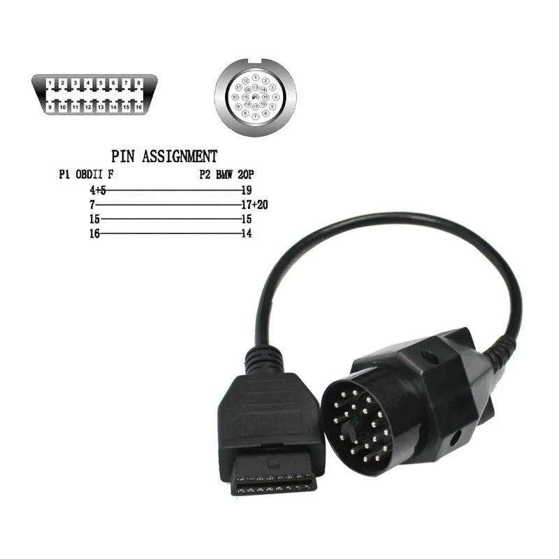 BMW OBD2 diagnostic adapter cable showing 20-pin connector and standard 16-pin OBD2 connector