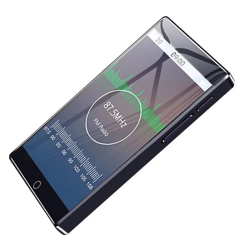 Black Ruizu H1 slim MP4 player with 4-inch touch screen showing media interface.