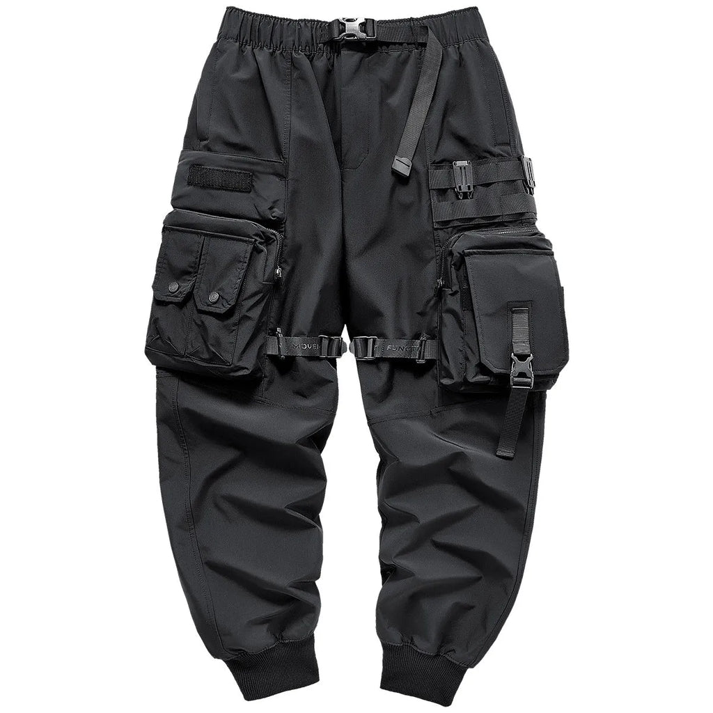 Men's black multi pocket cargo pants in polyester, loose fit, mid-waist style, on white background